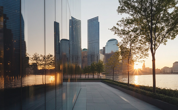 Paisaje urbano al atardecer con varios rascacielos reflejados en una superficie de vidrio a la izquierda. En el centro y hacia la derecha, hay una fila de árboles junto a un paseo marítimo que bordea el agua. El sol está parcialmente visible cerca del horizonte, creando un efecto de destello entre los edificios y los árboles.
